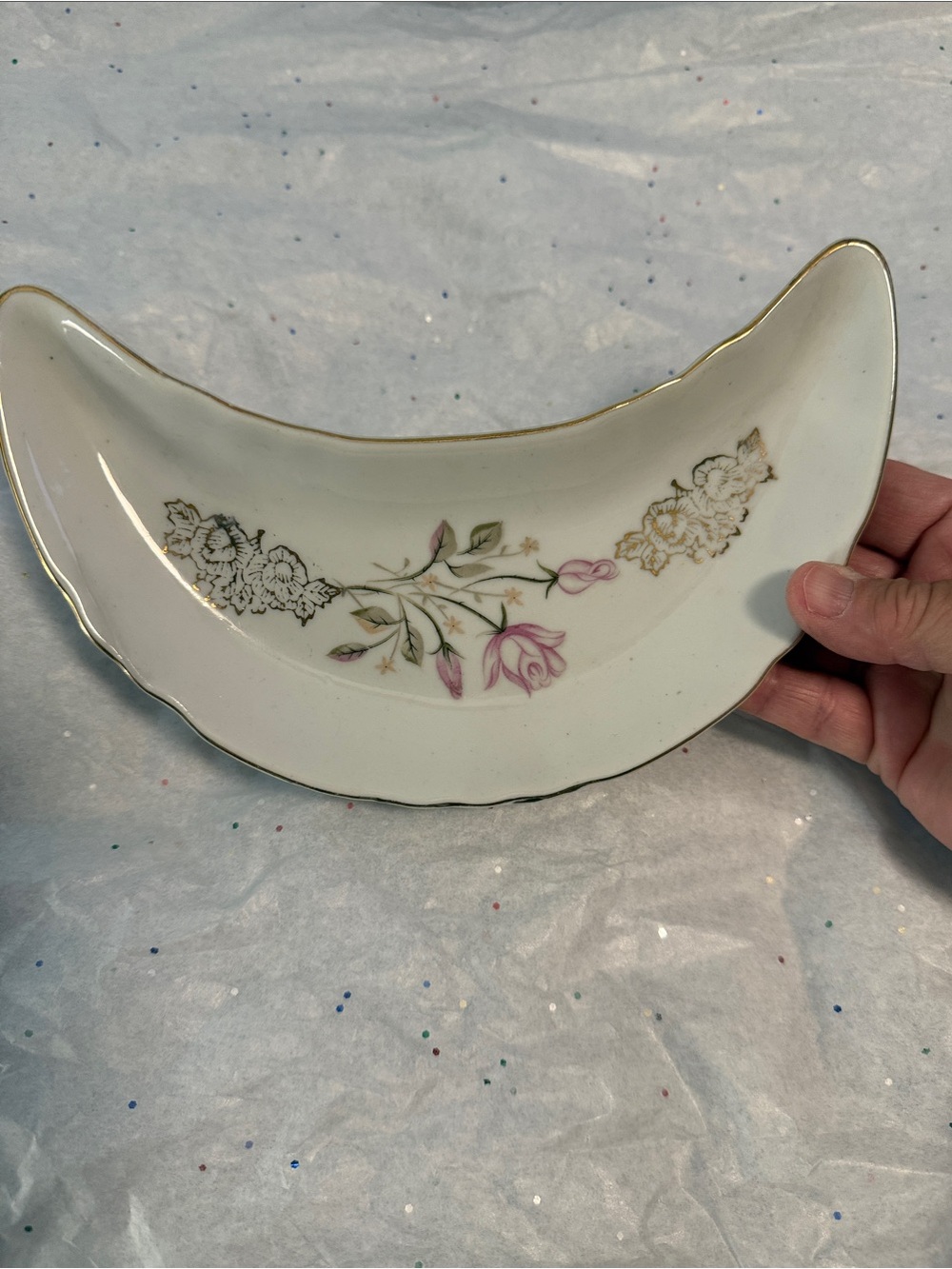 Vintage Pink Floral Crescent Dish with Gold Trim -Bone dish